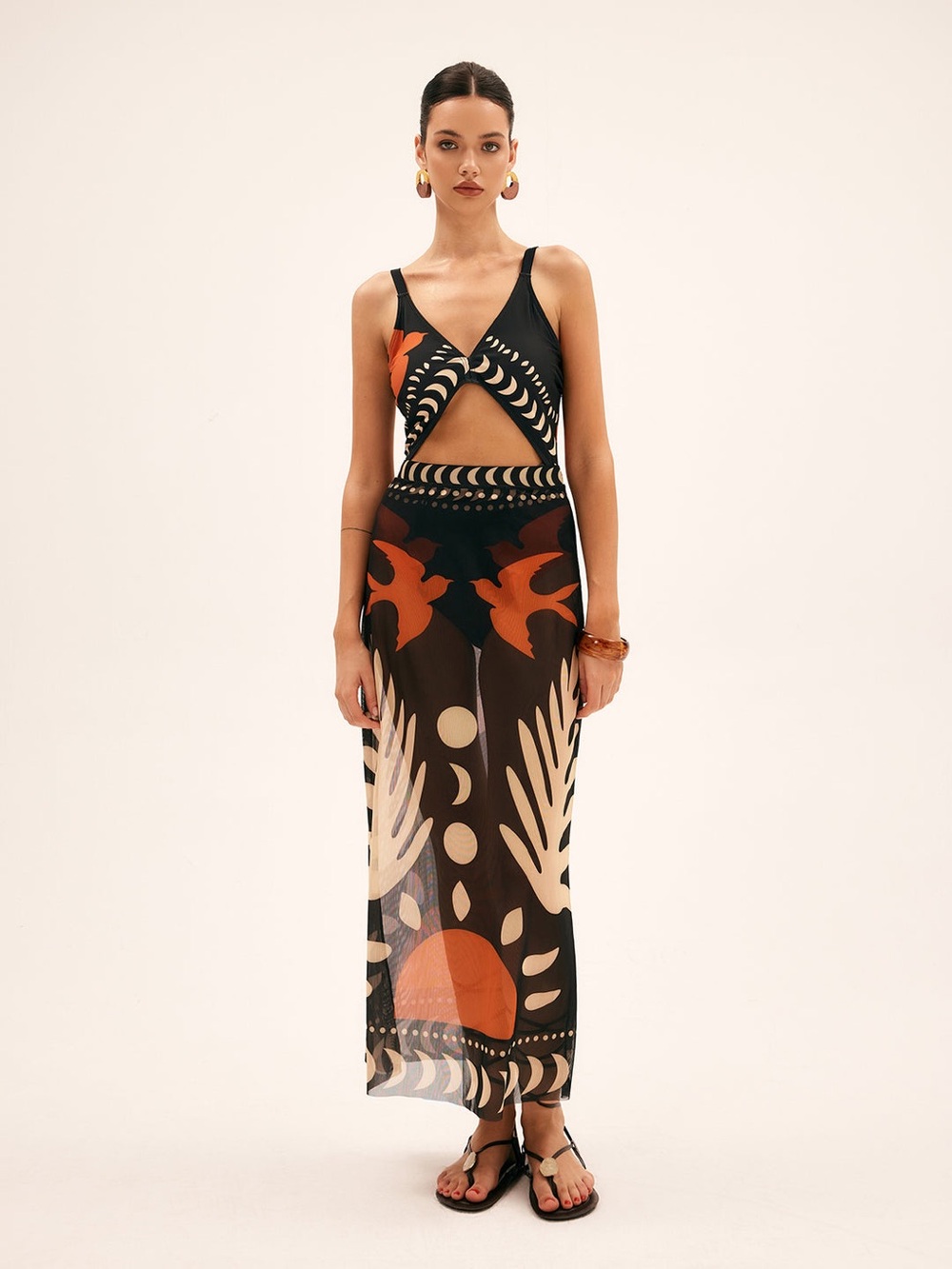Commense Bird Print Mesh Cover Up Boho Maxi Skirt Size Large NWT - Picture 2 of 5